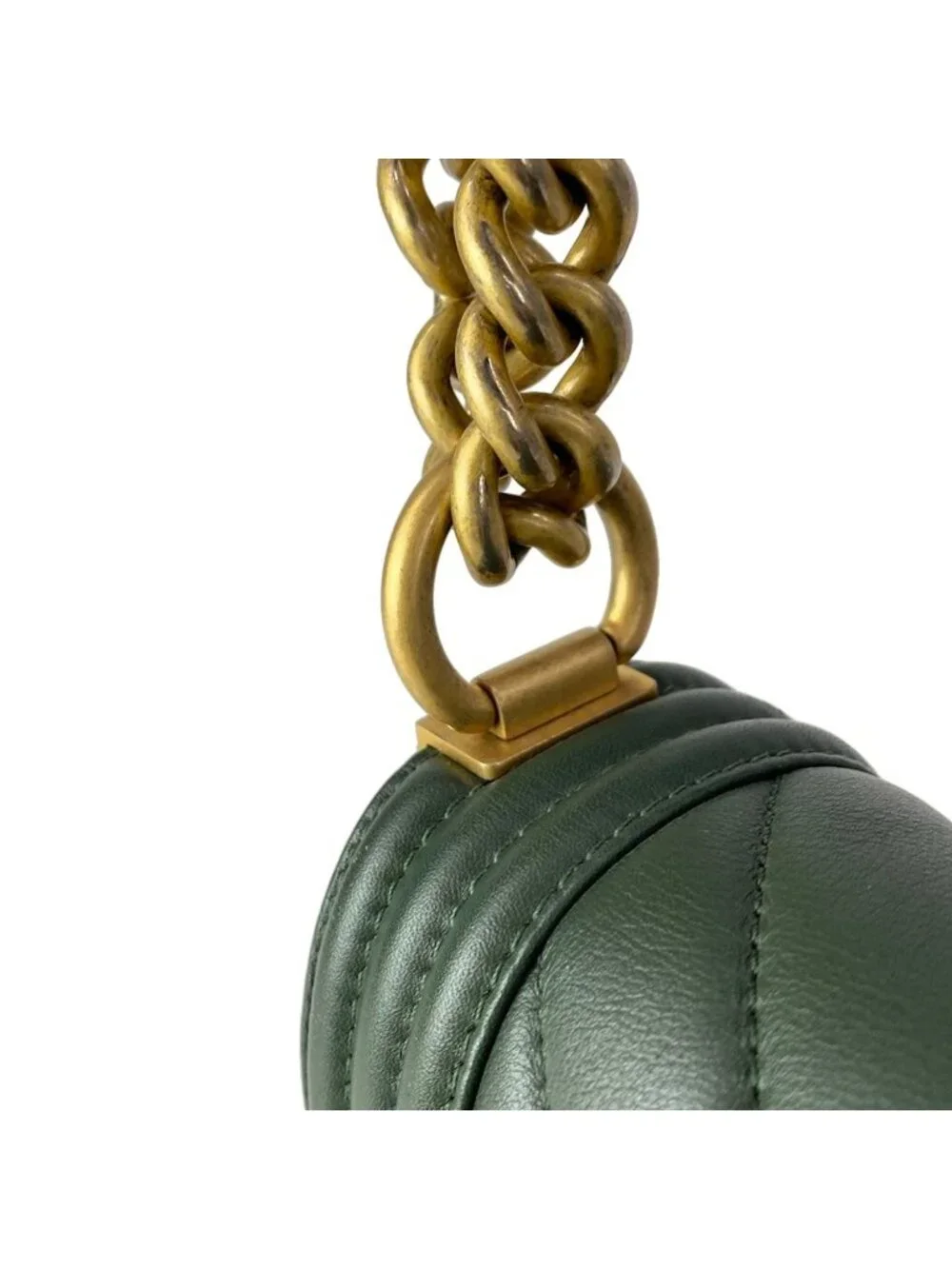 Chanel Shoulder Bag Boy Quilted Dark Green Vintage Gold Chain Leather